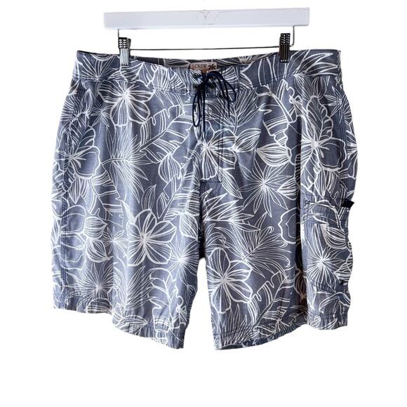 J Crew Mens 9" Flex Swim Shorts Size 36 Gray White Floral Tropical Drawstring‎ - Picture 1 of 8